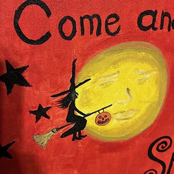 Halloween Witch Moon Folk Art Original Signed 2004 Painting Artist signed - Picture 10 of 13